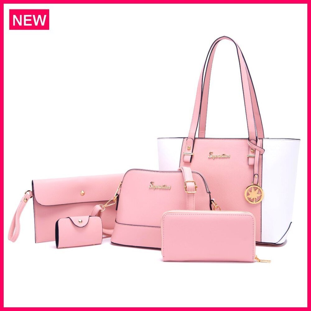 5-Piece Synthetic Leather Tote Set with Wallet & Clutch - Large Capacity